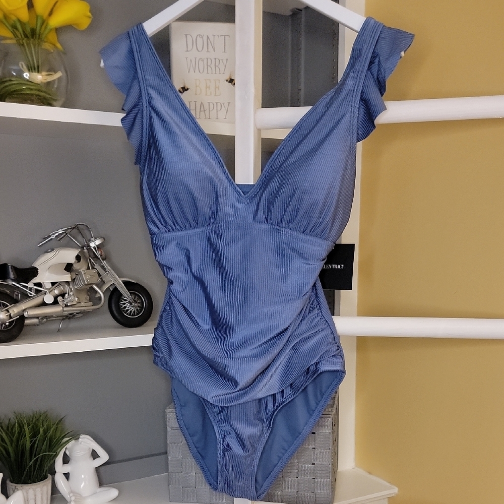 Blue Ruffled One Piece Ellen Tracy - Picture 1 of 12
